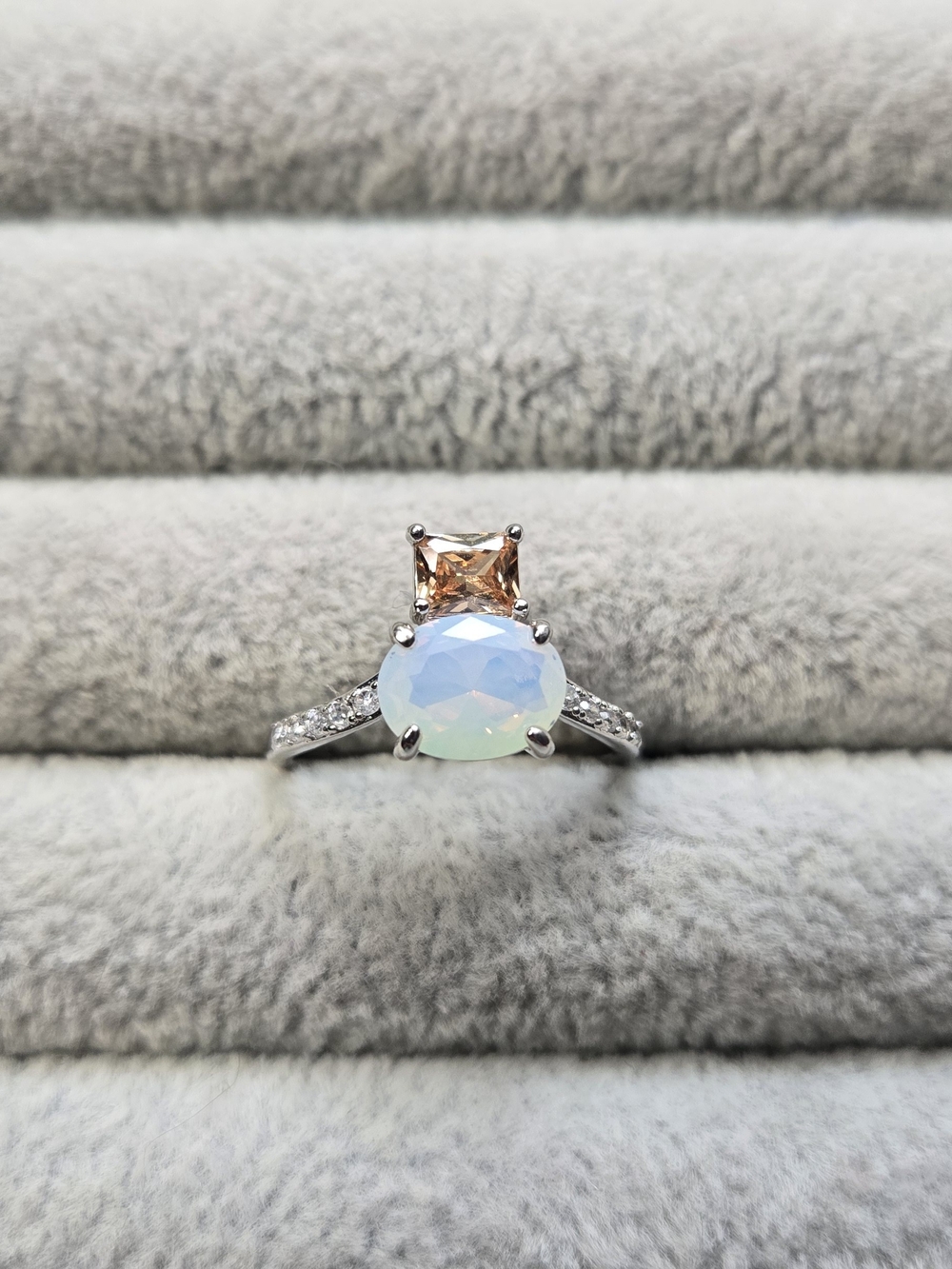Bomb Party Ring Sz 7 RBP7477 ‘Journey Beyond’ White Opal & Smokey Topaz/Rhodium